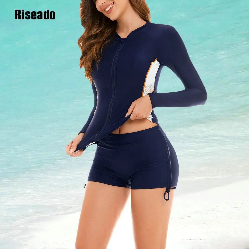 Riseado 2025 New Women's Long Sleeves Rash Guard Athletic Swim Two Piece Tankini Sets Swimsuit