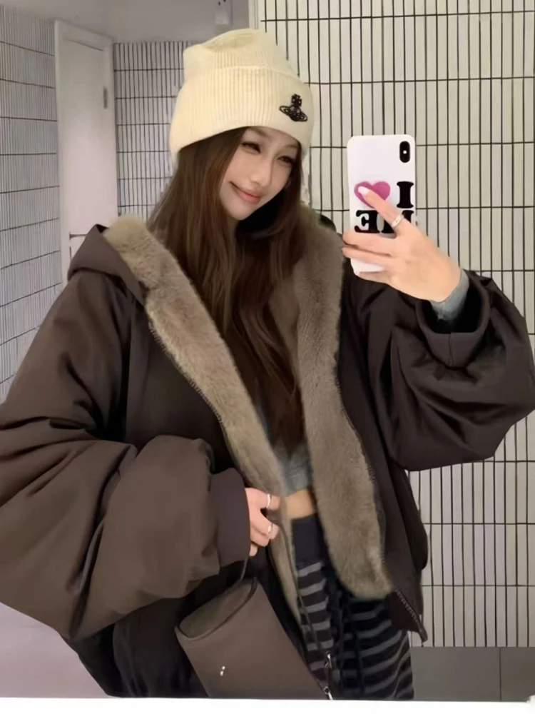 

Women's Double-Sided Wear Thiened Fur Jaet Spring 2026 Casual Lazy Sle Mountain Eagle Pattern Hooded Zipper Closure Cot...