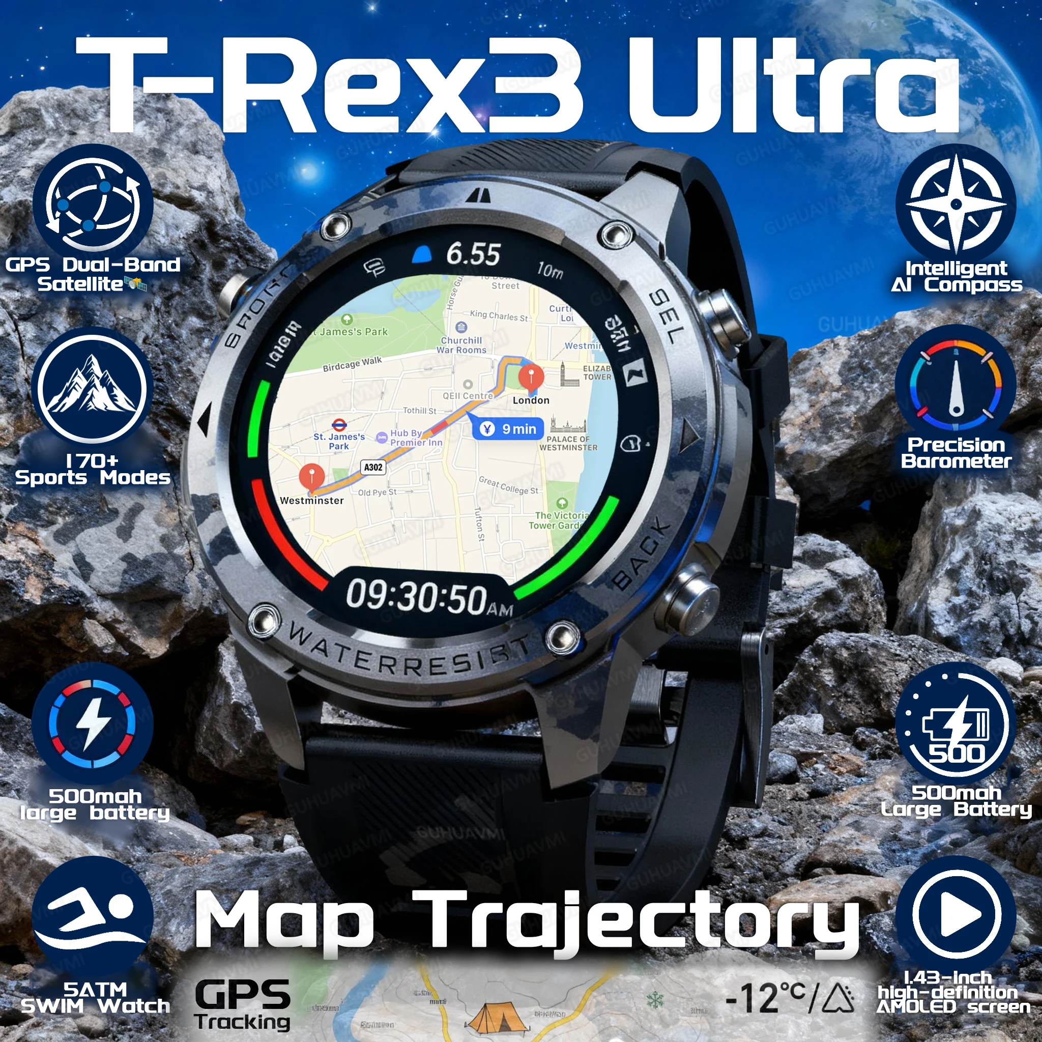 

2025New Military T-Rex3 Ultra GPS SmartWatch Built in GPS Compass Altimeter Barometer 5ATM Waterproof 600mAh Sports Bracelet Men