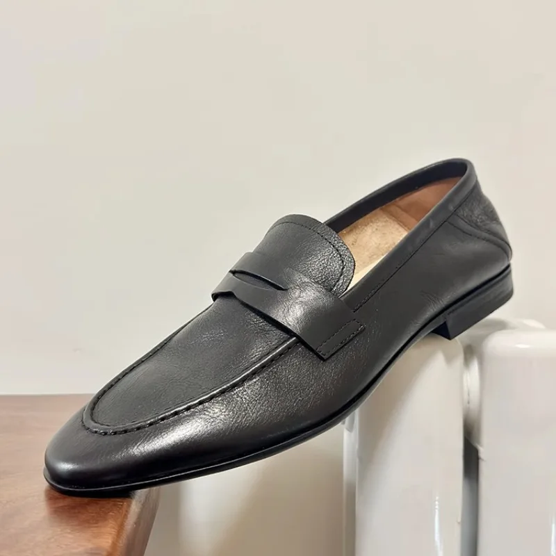 

British Fashion Spring Summer Leather Shoes Men Genuine Leather Slip on Loafers Casual Business Office Dress Shoes Male Black