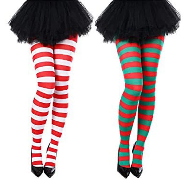 2 Set Thigh High Socks Red White + Red Green 100-110Cm For Any Woman, Girl Or For BOY Who Enjoys Wearing Colorful Gothic Tights