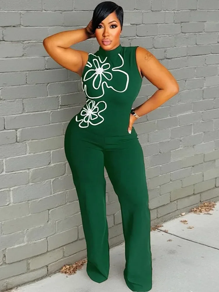 

2025 Summer Dashiki African Elegant Fashion Women Green Jumpsuits Sleeveless Wide Leg Pants Rompers Party Office Outfits