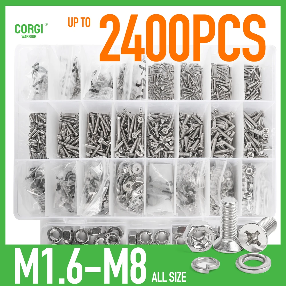 Phillips Flat Head Machine Screws Assortment Kit M1.6 M2 M2.5 M3 M4 M5 M6 M8 Up to 2400 Stainless Steel Countersunk Bolts 4-40mm