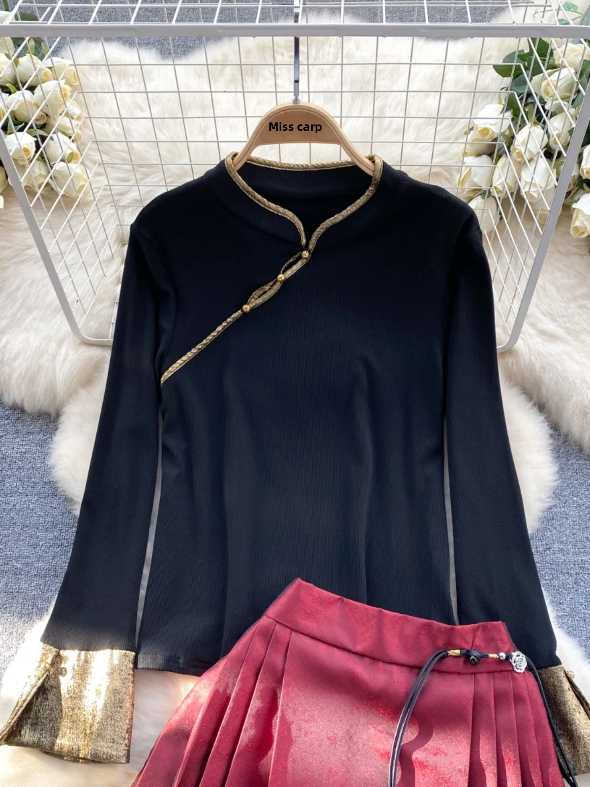 Conjunto de saia midi de cintura alta f novo estilo chinês manga sino superior versátil conjunto de duas peças moda pr...