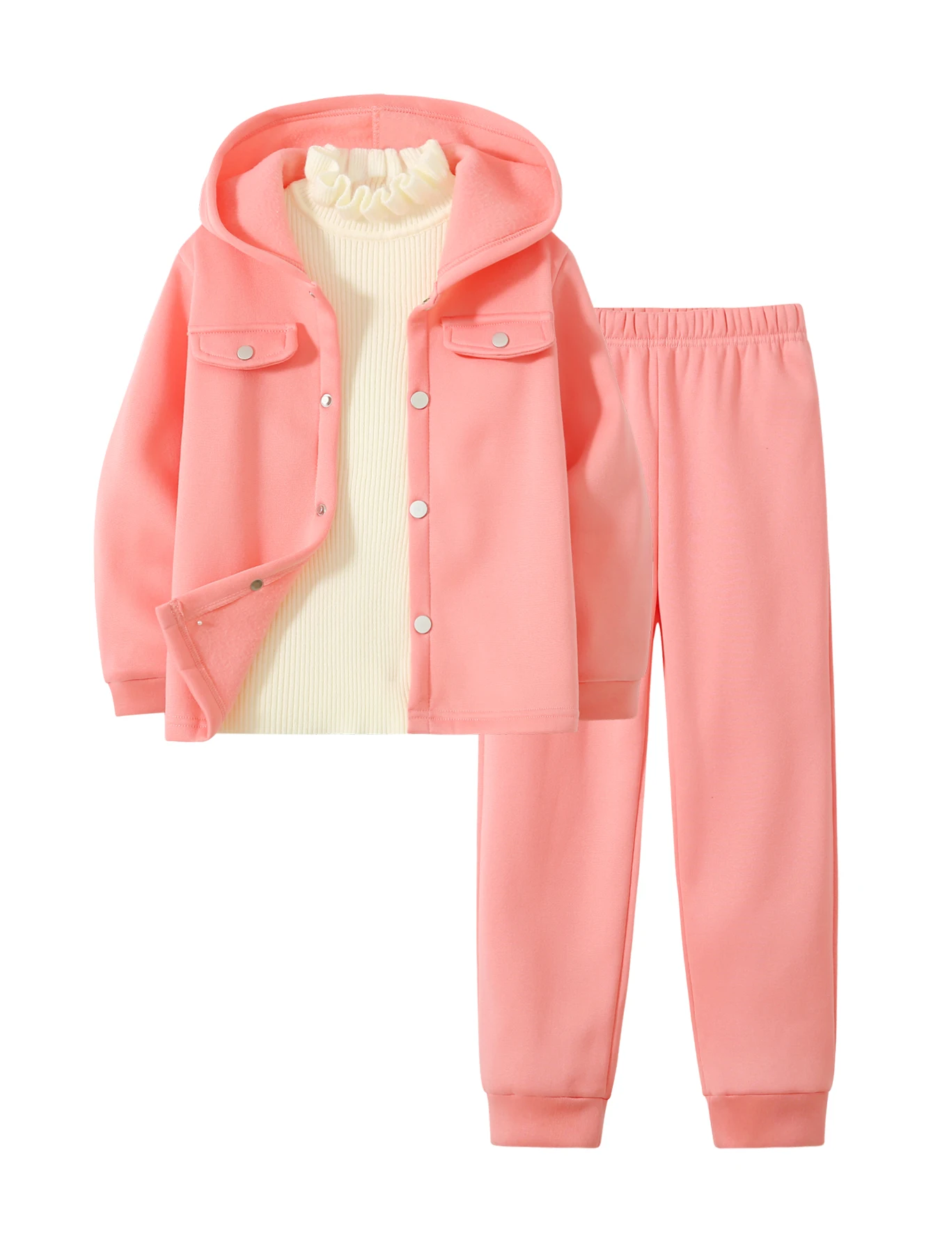 

2-piece girls' fashionable hooded coat and solid-color versatile pants set for autumn-winter, ideal as a holiday gift