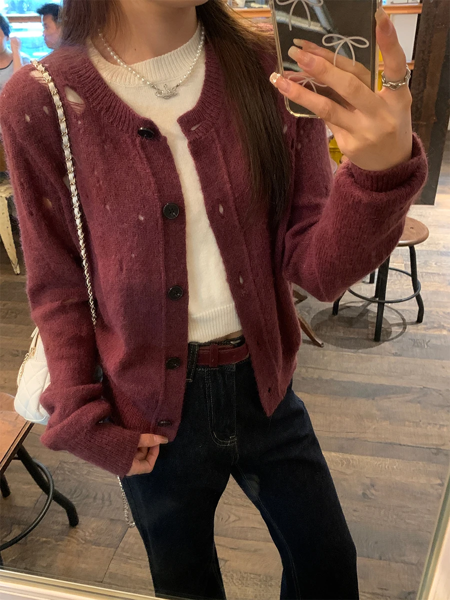 

Вязаный кардиган с ажурной вязкой, универсальная верхняя одежда для многослойных образов, имитация двухслойного платья, осенне-зимний стиль для повседневной носки