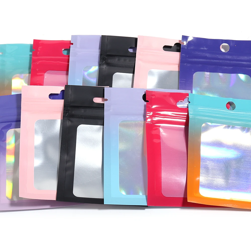 20pcs/Lot Iridescent Zip Lock Bag Pouches Cosmetic Plastic Laser Zipper Plastic Retail Packaging Poly Pouches Ziplock Bags