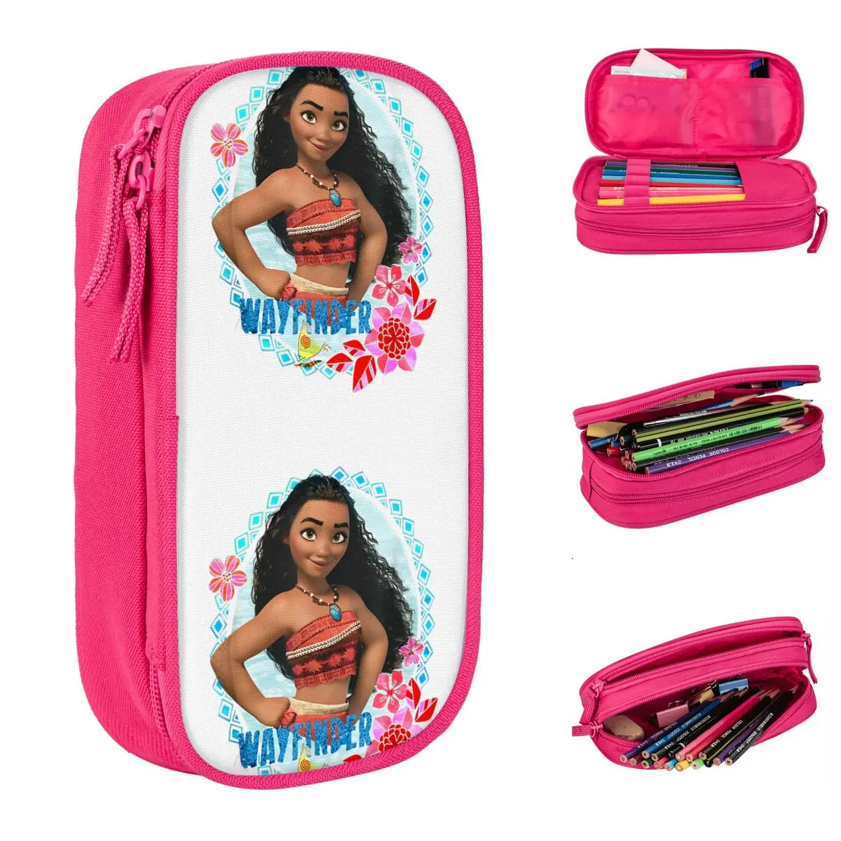 Moana Wayfinder Brave Pose Tropical Flower Frame Pencil Case Pencilcases Pen Holder for Student Bags School Supplies Stationery