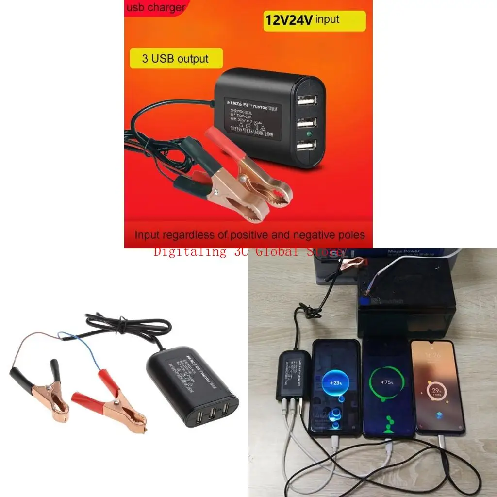  USB Power Adapter 12V 24V to 5V 2.1A with Battery Clip 3 Ports Charging Adapter