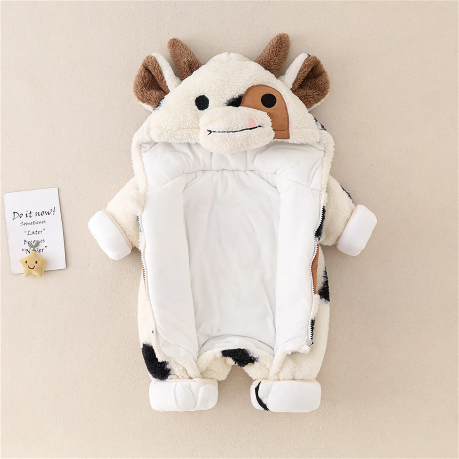 Baby Girls Boys Winter Plush Jumpsuit Long Sleeve Cartoon Cow Print Zipper Hooded Romper