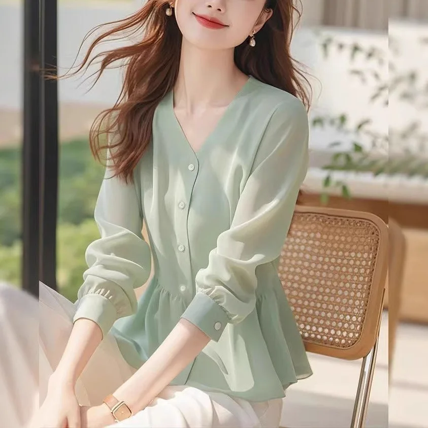 

Elegant V-Neck Long Sleeve Women's Shirt Unique Waist-Cinching Design Spring Autumn Fashion Solid Color Women Top