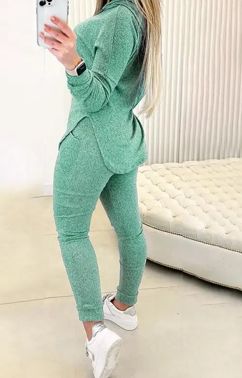 2 Piece Set Women Outfit 2023 Spring Fashion Hem Slit Long Sleeve Hooded Sweatshirt & Casual Pocket Design High Waist Pants Set