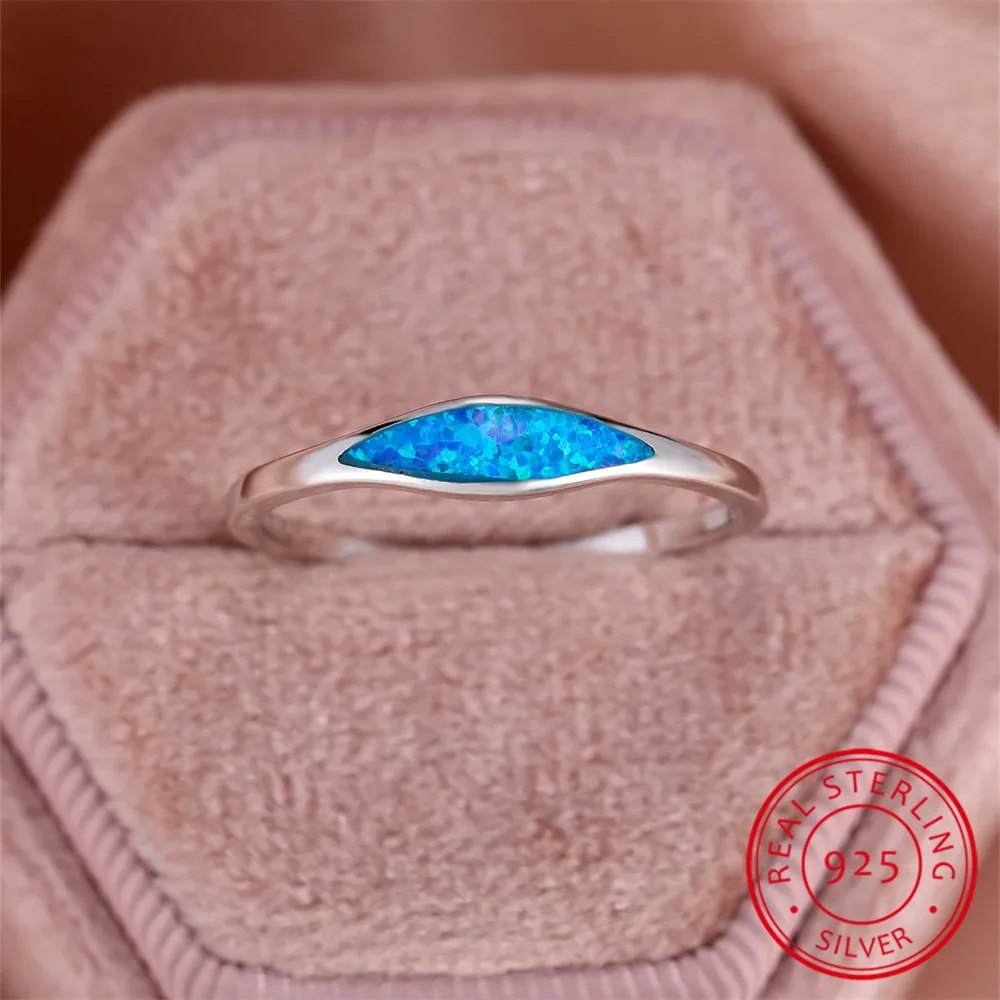 Real 925 Sterling Silver Engagement Ring Blue Fire Opal Stone Rings For Women Wedding Band Jewelry Valentine\'s Day Gift