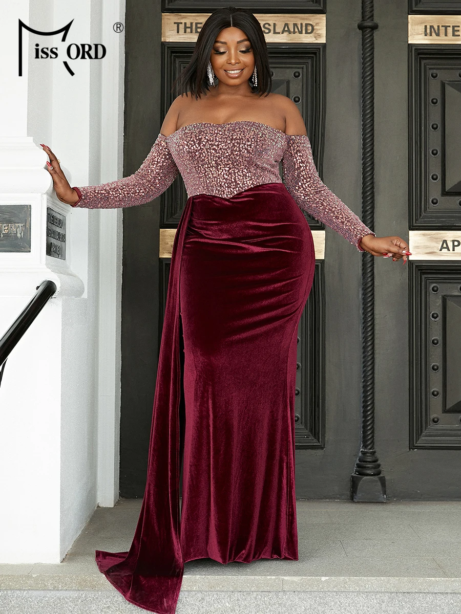 Missord Wine Sequin Velvet Plus Size Party Dress Women Off Shoulder Long Sleeve Draped Bodycon Mermaid Evening Dresses Prom Gown