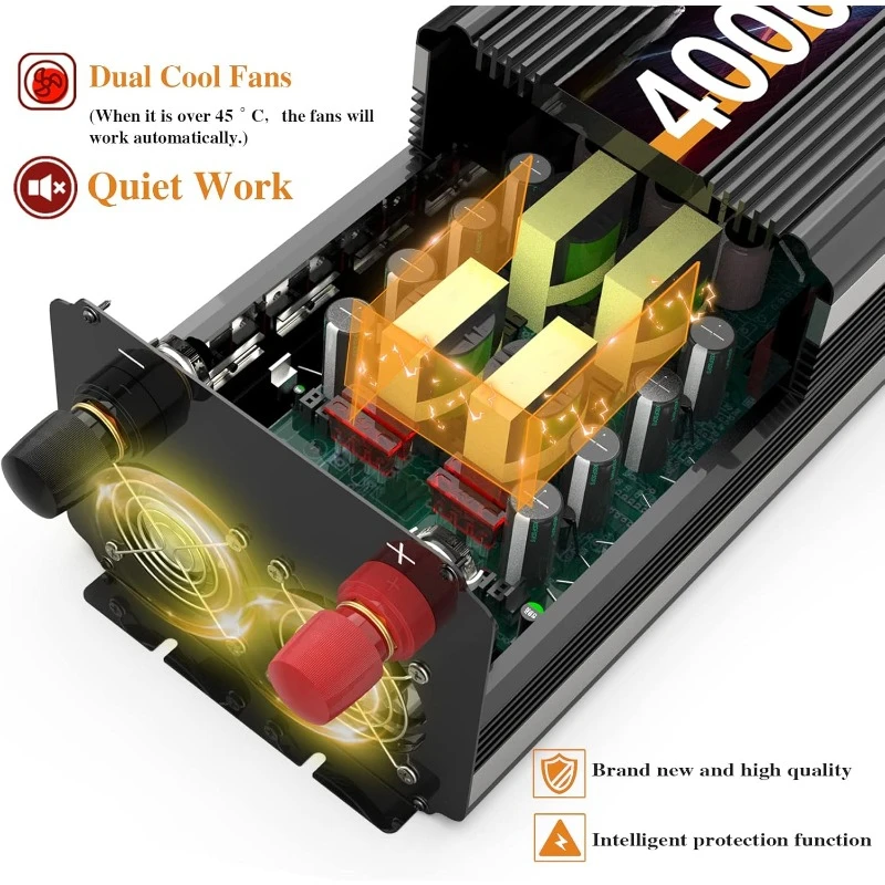 Converter for Family RV Off Grid Solar System Car with Type-C Ports 3 AC Power Outlets Dual USB Ports LCD Display