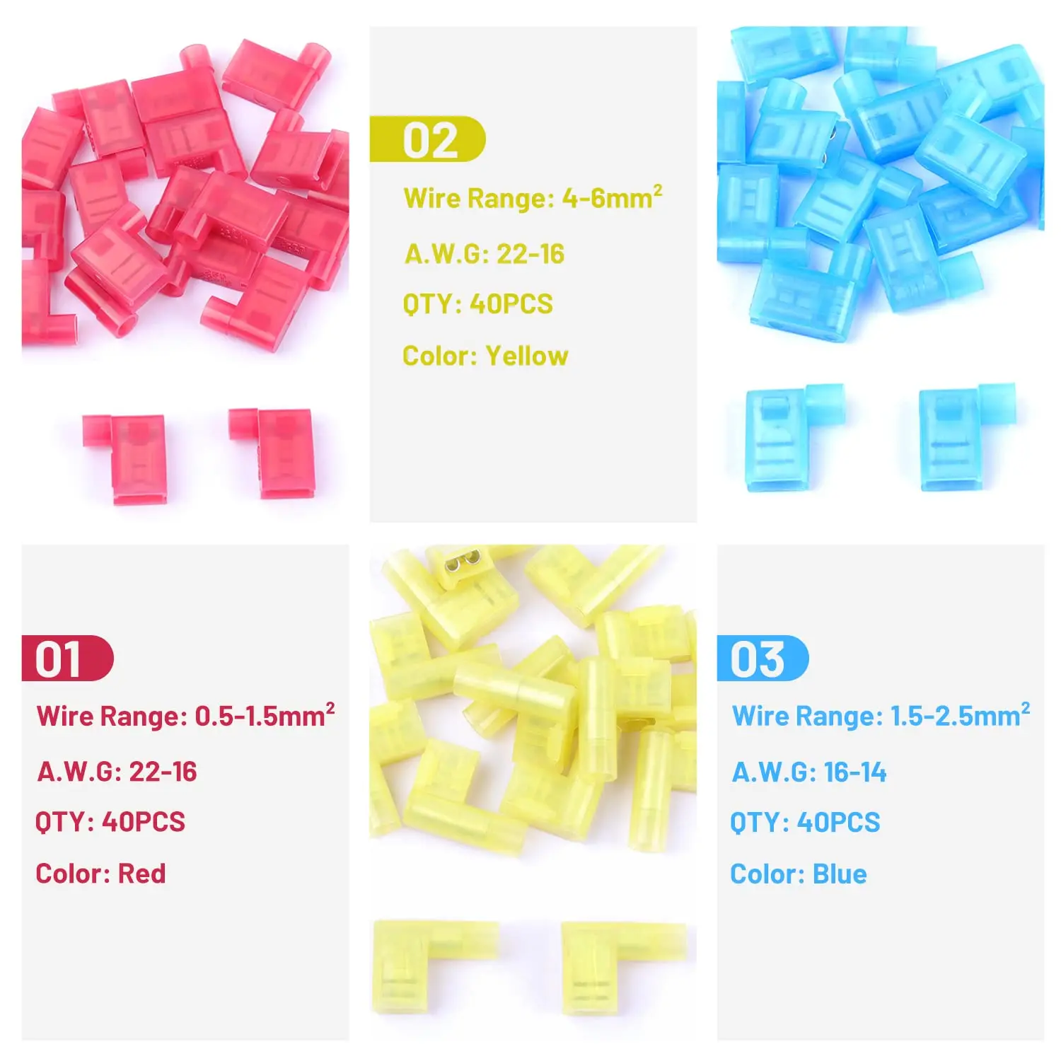 

120PCS Nylon Insulated Flag Spade Quick Disconnects Wire Connectors, 90 Degree Electrical Female Crimp Terminals Kit AWG22-10