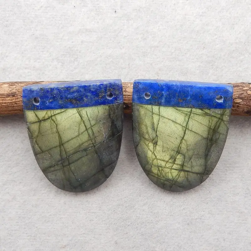 Fashion Jewelry Natural Stone Lapis Lazuli And Labradorite Double Holes Earring Bead Accessories For Women 27x22x6mm 12g