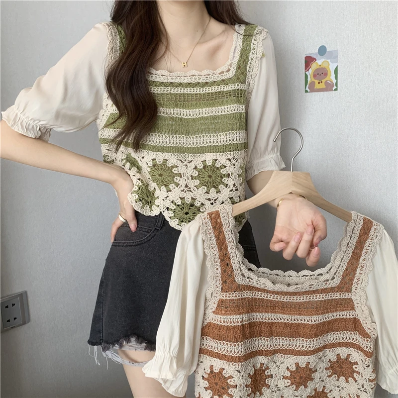 Vacation Style Hollow out Knitted Strap Vest Short Square Collar Summer New Arrival Sweet Beach Side Women's Fashion Top