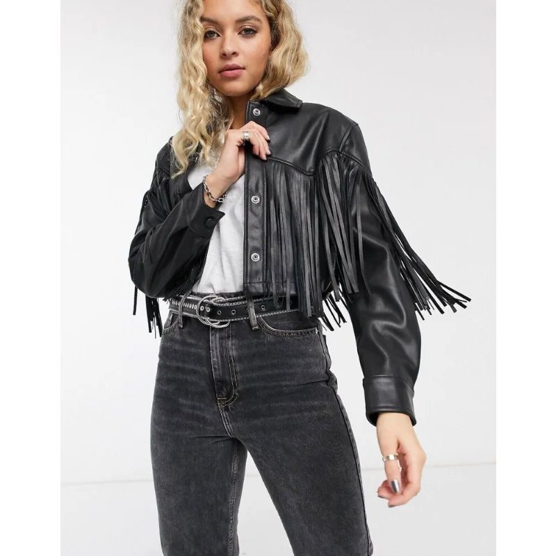 Women Vintage Fringe Genuine Lambskin Leather Black Motorcycle Biker Jacket