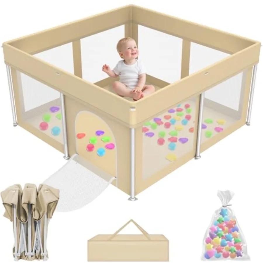 

Foldable Playpen for Babies and Toddlers50"×50" Collapsible Play Pen with 50 Ball Pit Balls Portable Indoor and Outdoor Play Ya
