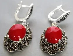 Vintage 925 Sterling Silver Red coral Marcasite Dangle Hook Earrings