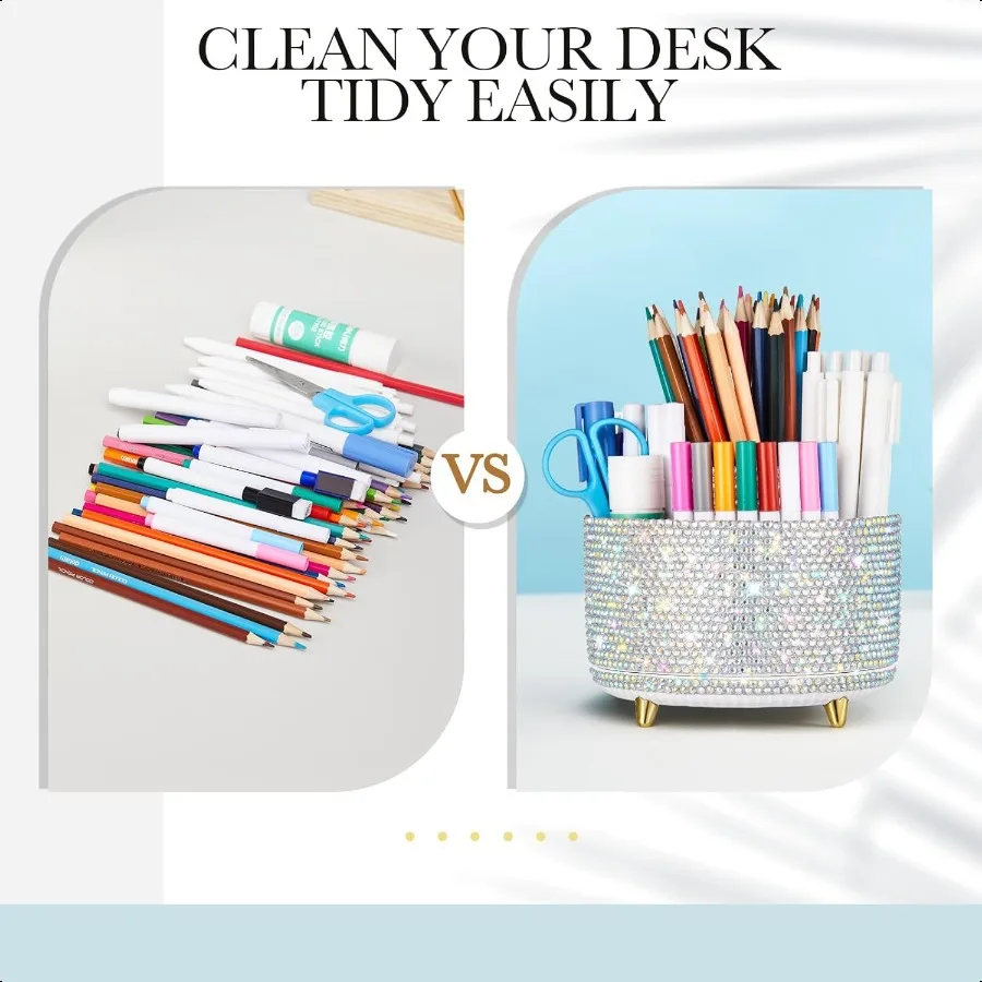 منظم مكتب فضي بلينغ لإكسسوارات المكتب للنساء والفتيات هدية عيد ميلاد الأم وحامل قلم بلينغ وحجر الراين للمكياج Br