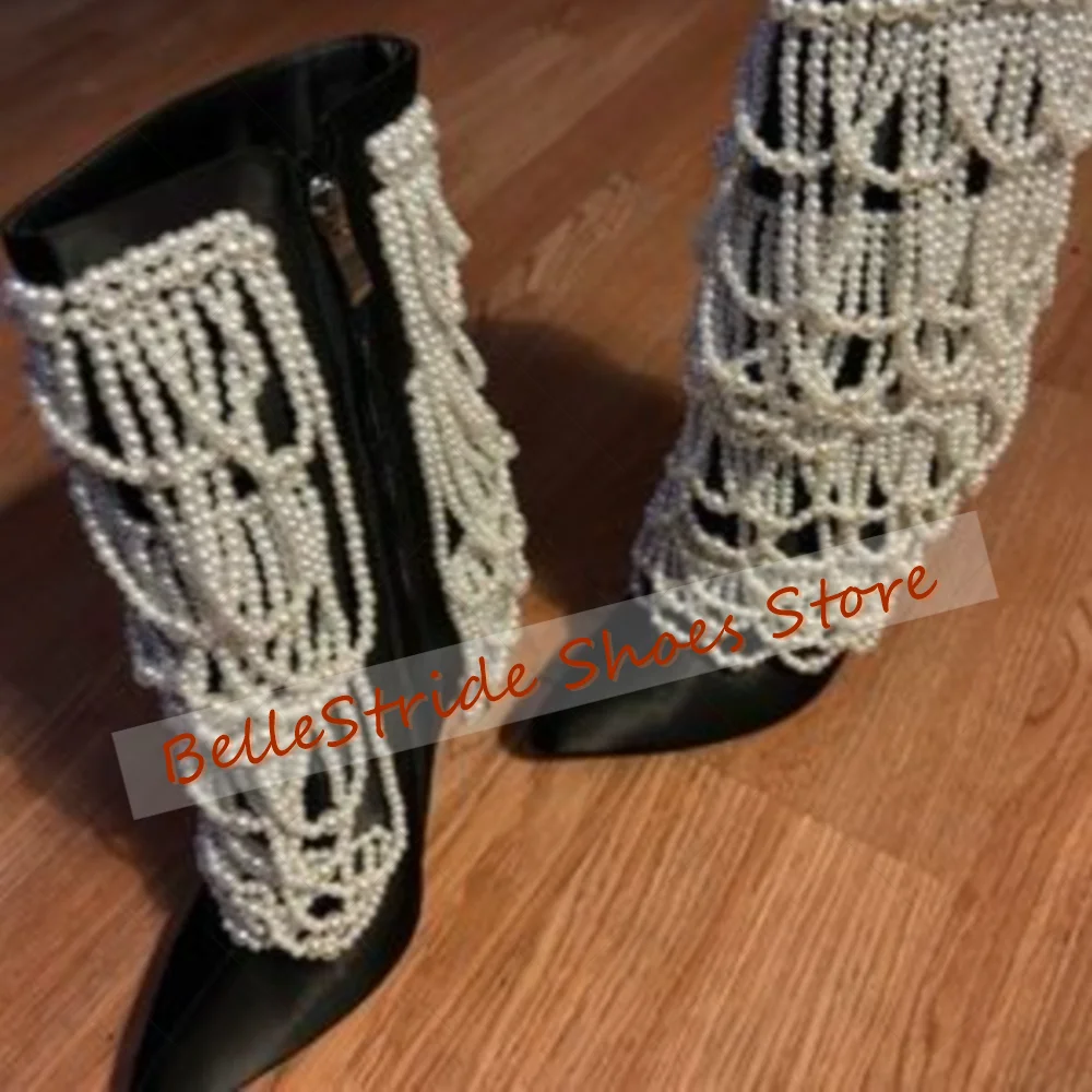 

Black Side Zipper Pointed Toe Pearl Boots Women Shoes Stilettos High Heels Party Banquet Dating 2025 Zapatos Para Mujere