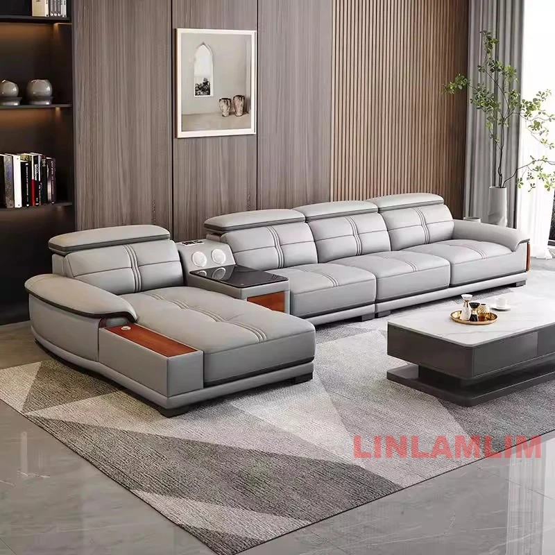 Large Genuine Leather Couch with Chaise Lounge, Modern U-Shaped Sectional Sofa, Deep Seating Upholstered Modular Corner Sofa Set
