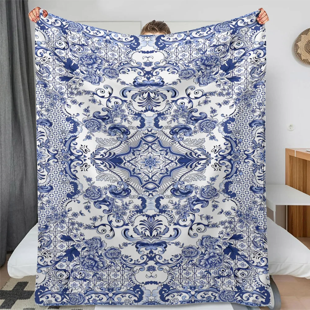 Oriental Blue Porcelain Floral Throw Blanket,Elegant Peony Pattern Warm Fleece for Couch Trip Household Chinese Style Room Decor