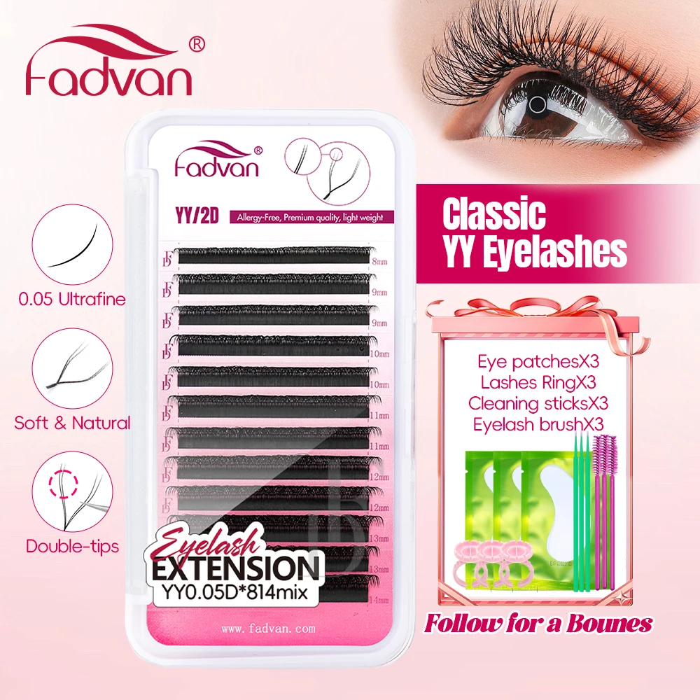 Fadvan YY Eyelashes Extension Matte Black 0.05 Double Tip Y shape Lashes Clusters Natual Soft C D Curl Lashes Kit Makeup Tools