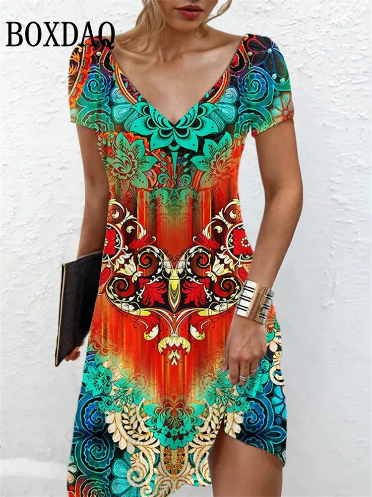 Ethnic Style Women's Dresses Summer Retro Print V-Neck Short Sleeve Loose Dress Casual Gradient Fashion Plus Size Dress 2024 New