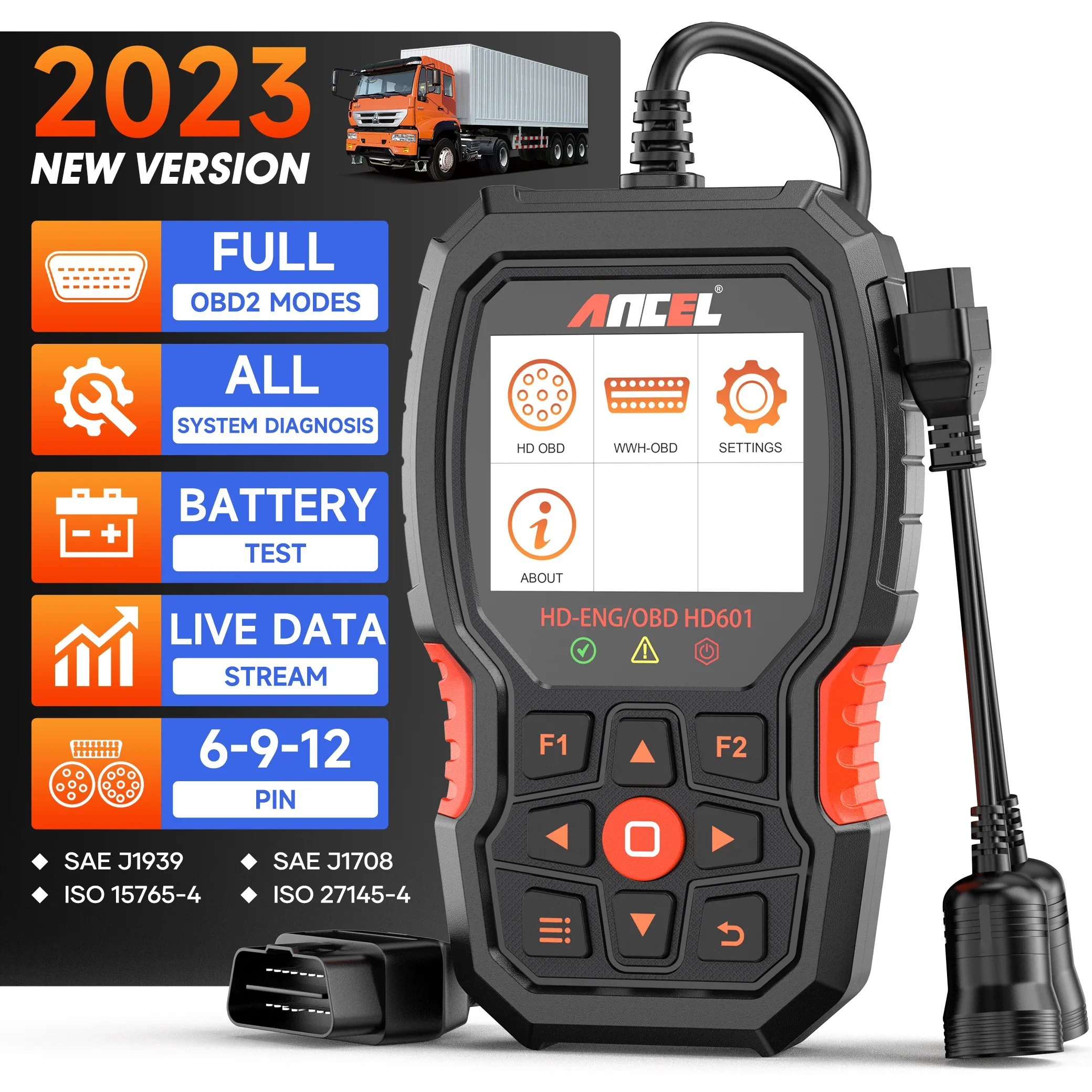 

ANCEL HD601 Heavy Duty Truck Scanner All System Car Code Reader 6/9/16 PINS OBD 2 Diesel Diagnostic Scan Tool Free Update