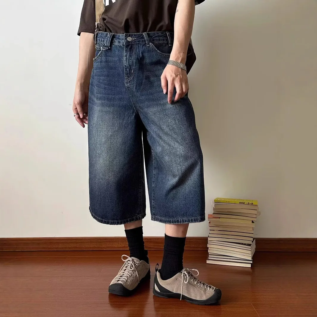Celana Pendek Denim Potongan Longgar Musim Panas Pria Vintage Celana Lima Titik Dicuci Kaki Lebar Mode Y2k Celana Pendek Jeans Lurus