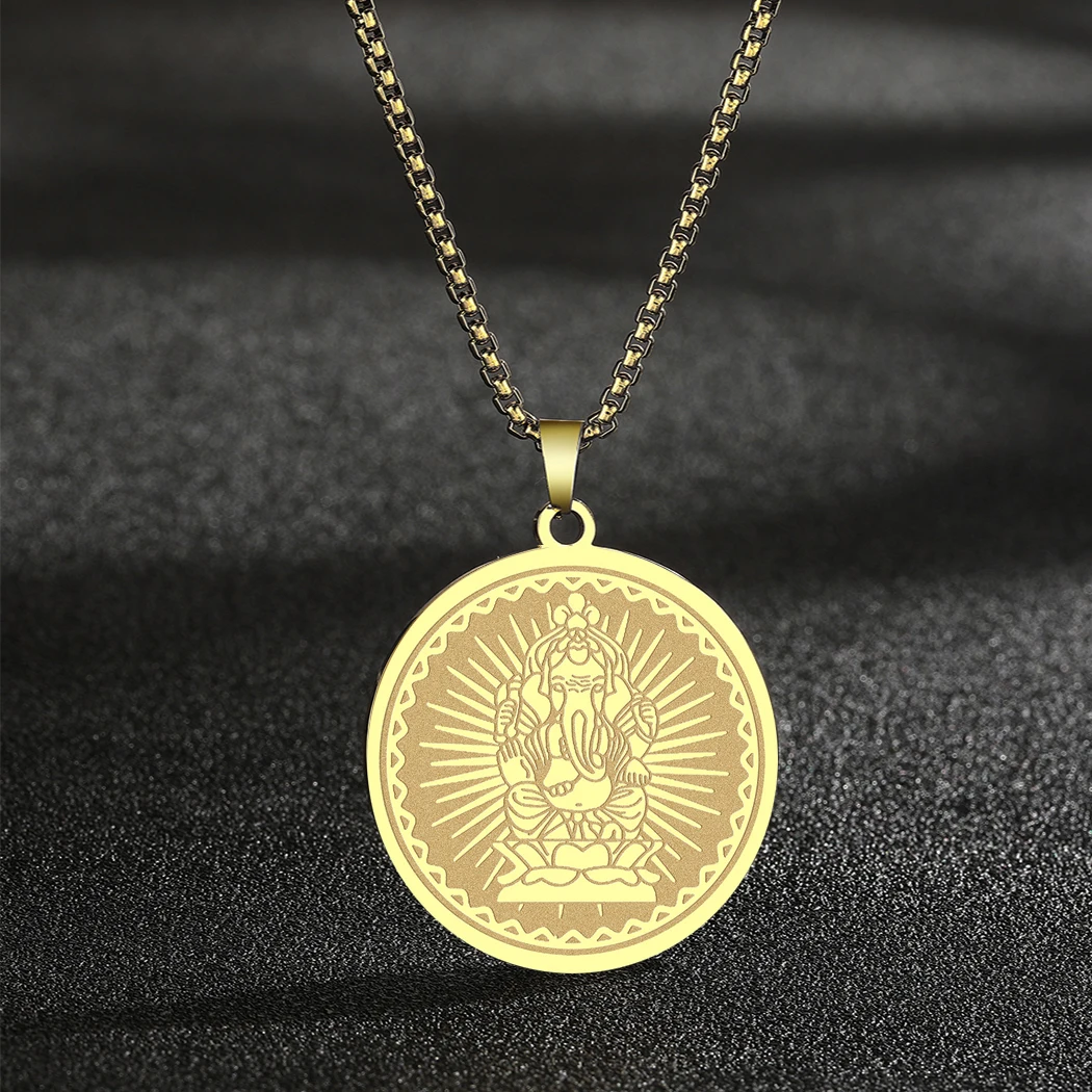 CHENGXUN Hindu Ganesha Coin Pendant Necklace for Men Womens Lord Ganesha Medallion Charm Neck Chain Spirit Totem Jewelry