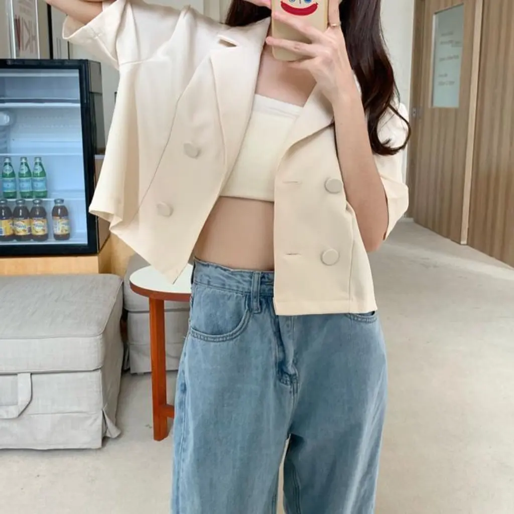 

Women's Summer Korean Style Loose Fit Short-Sleeved Double-Breasted Suit Collar Jacket Top Thin Outerwear