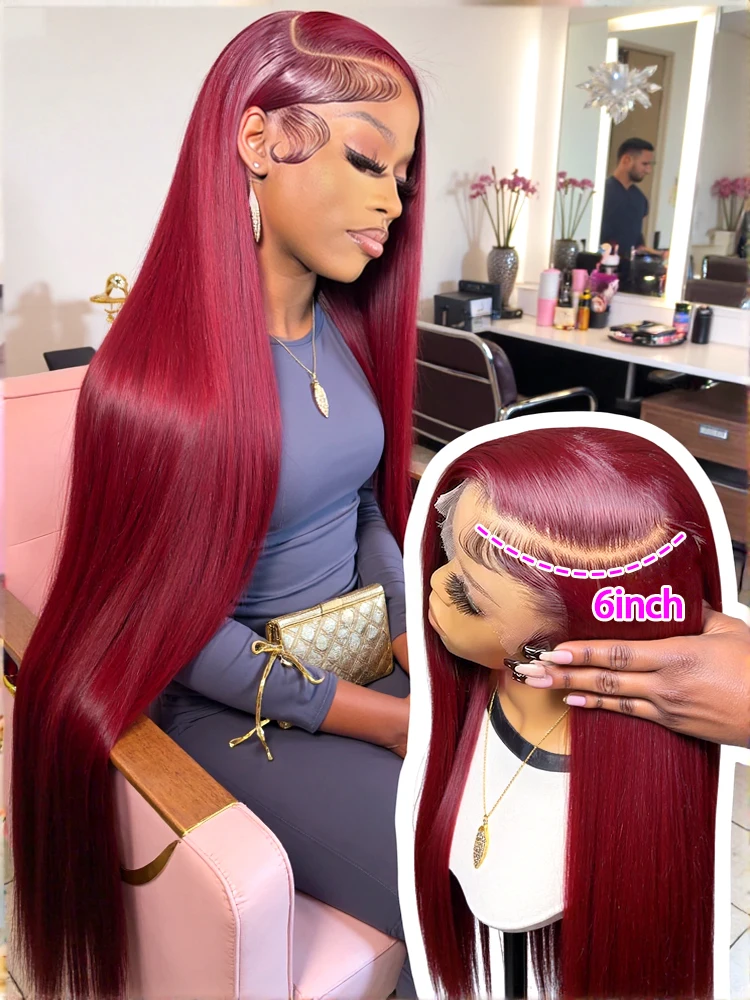 30 36 polegadas 250% 99j borgonha 13x4 peruca dianteira do laço cabelo humano 13x6 hd peruca frontal do laço reto pré arrancado vinho tinto peruca colorida