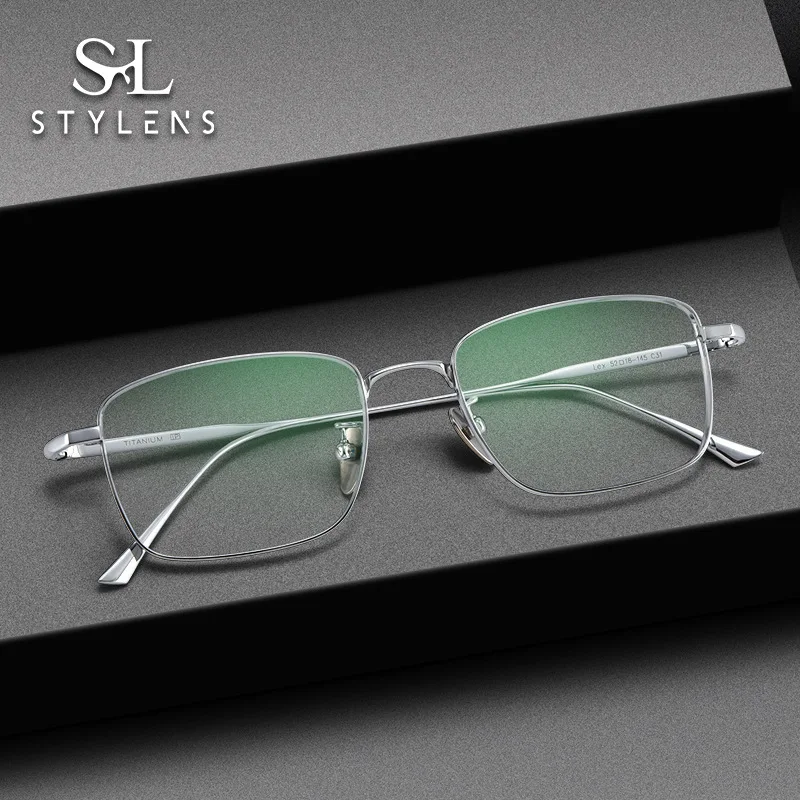 

STYLENS Business Ultralight Pure Titanium Half-Frame Eyewear Square Reading Glasses Anti Blue Ray Prescription Customization1908