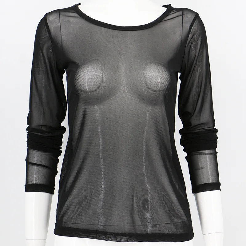 Women's Sheer Mesh Long Sleeve Top, See Through Y2K Gothic Layering Blouse, Sexy Transparent Slim Fit Top - view 5