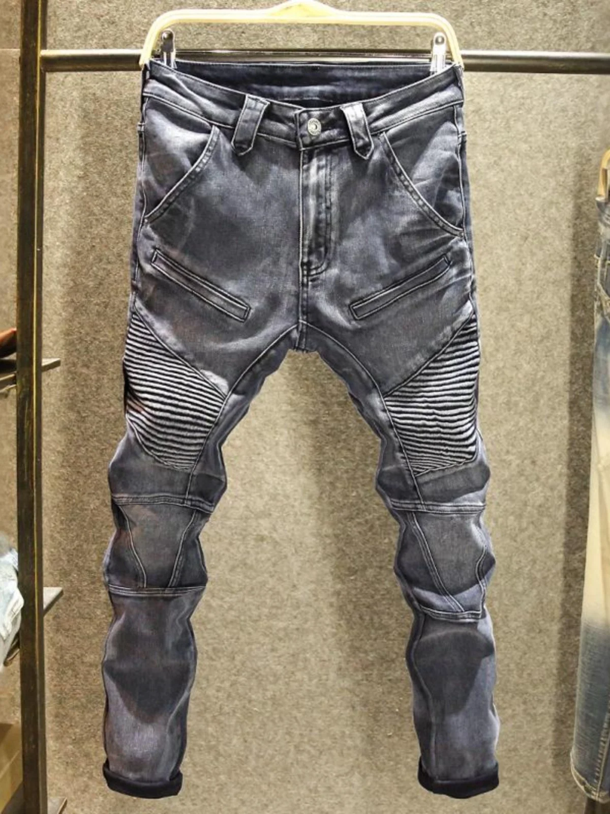 

Новые мужские джинсы Slim Fit 2025 года, осенне-зимние, с черными вставками, мотоциклетные, длинные, износостойкие, модные, молодежные, из хлопка с эластаном