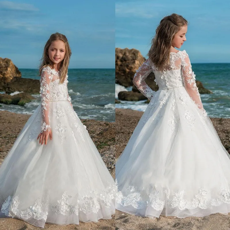 Vestidos de primera comunión de manga larga, calcomanía de encaje de tul, vestido de princesa con flores para niña, fiesta de boda, baile, sueño, regalo sorpresa para niños