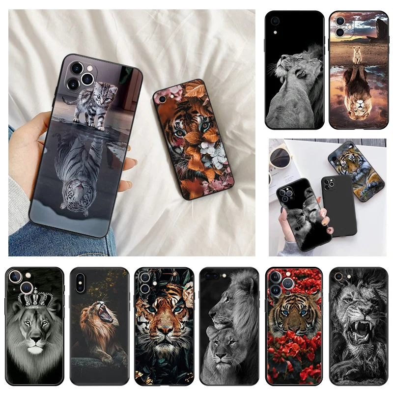 Phone Case for Apple iphone 16 Pro 15 12 11 13 Mini 14 Plus SE XR X XS Max Lion Crown Tiger king Soft Black Anti-Drop Cover