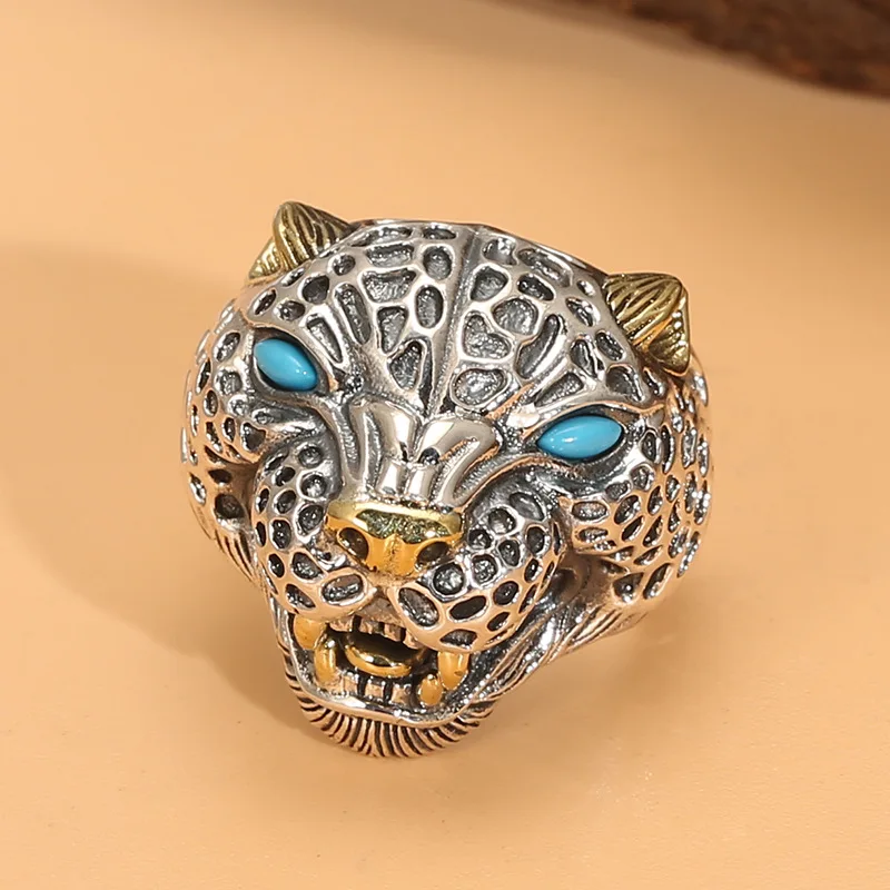 

Pure silver leopard ring, wide face accessory, trendy and domineering, retro Thai silver index finger, punk style, lively mouth