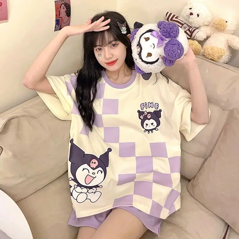 Kawaii Sanrio Anime Cinnamoroll Kuromi Pajamas Summer Simple Fashion Delicate Cute Casual Loose Comfortable Soft Girly Set Gift