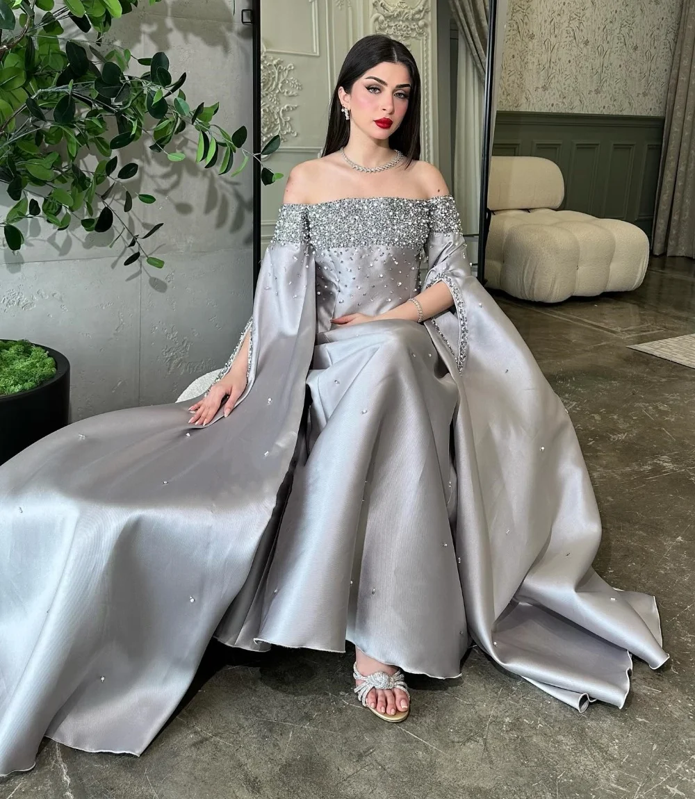 Customized Chinese Style Charmeuse Sequined Pleat A-line Off-the-shoulder Long Dresses Bespoke Occasion Dresses Formal