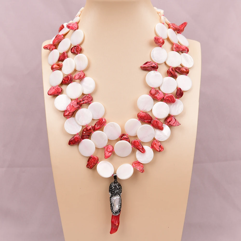 APDGG A37 Handmade 3 Rows Natural Mix Stone White Red Shell Coral Pendant Multi Strands Necklace