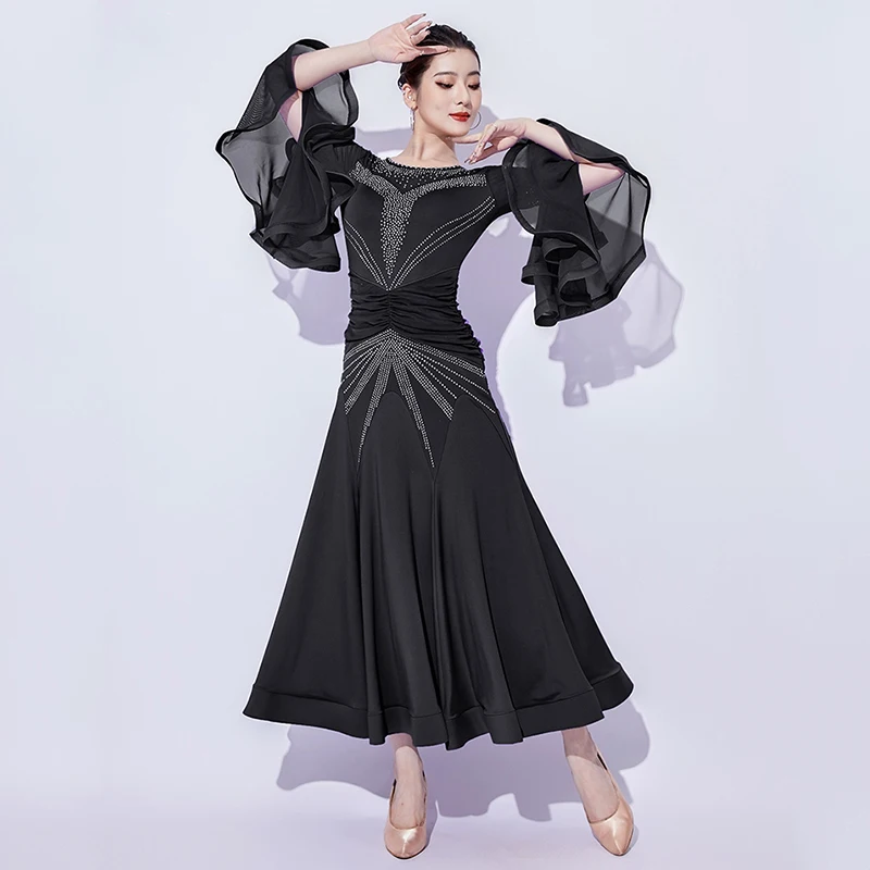 

Black Standard Dance Dress Ballroom Social Dancing Stage Costume Women Flared Sleeve Long Dresses Female Waltz Dancewear VDL3928