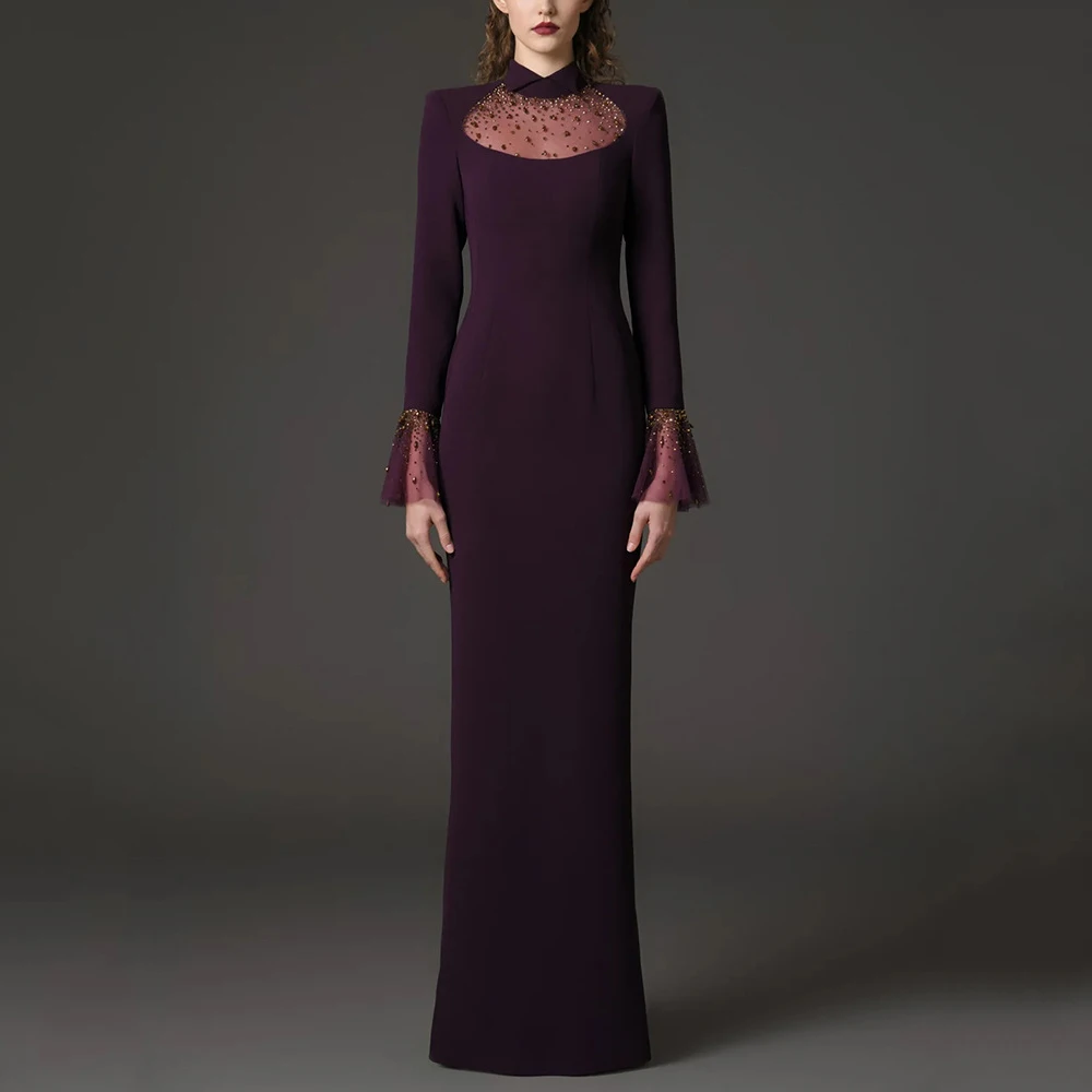 Modphy Solid Slim Elegant Trumpet Sleeves Long Dresses for Women Patchwork Diamond Mesh Temperament Dress Female New