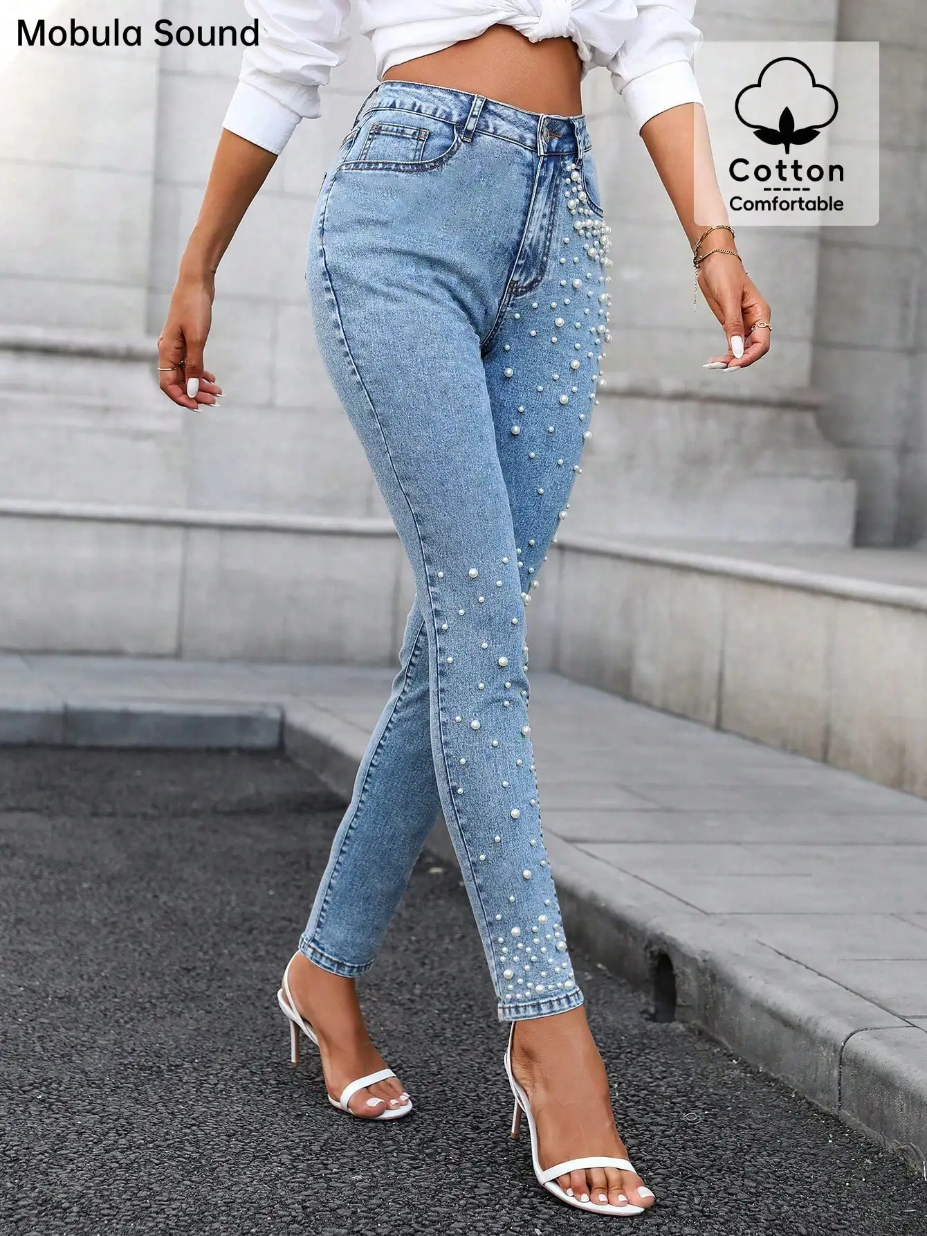 

Женские джинсы с высокой талией, эластичные, облегающие, с декором из искусственного жемчуга, для повседневной носки весной и летом