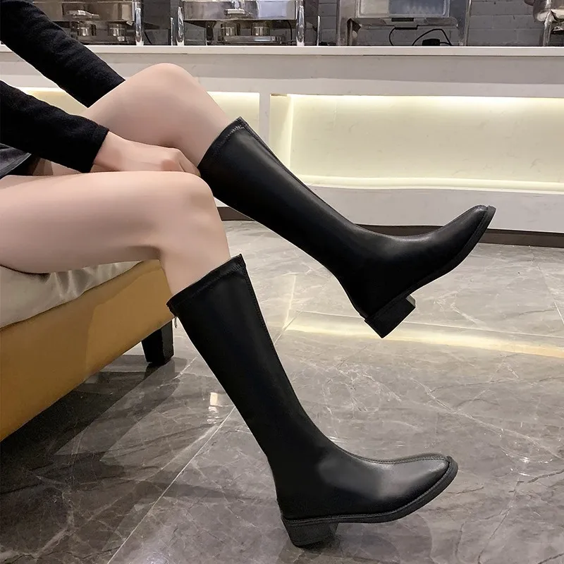 Women\'s Knee High Boots Soft PU Women Long Boots Slip On Woman Boot Thick Platform Leather Female Shoes Autumn Winter 2022