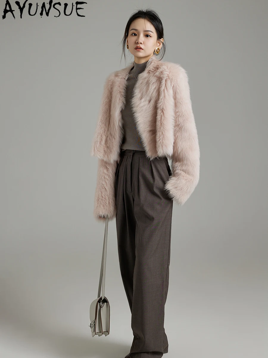 معطف فرو من جلد الغنم الطبيعي من AYUNSUE للنساء 2025 ملابس فاخرة للسيدات نمط قصير سترة من الجلد الحقيقي جواكت شتوية Schumbu Жеenca
